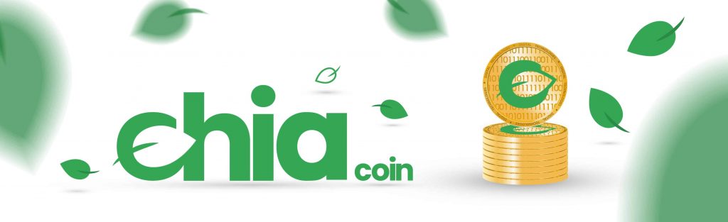 Chia coin logo with gold coins containing ones and zeroes and green leaf symbols denoting eco-friendliness